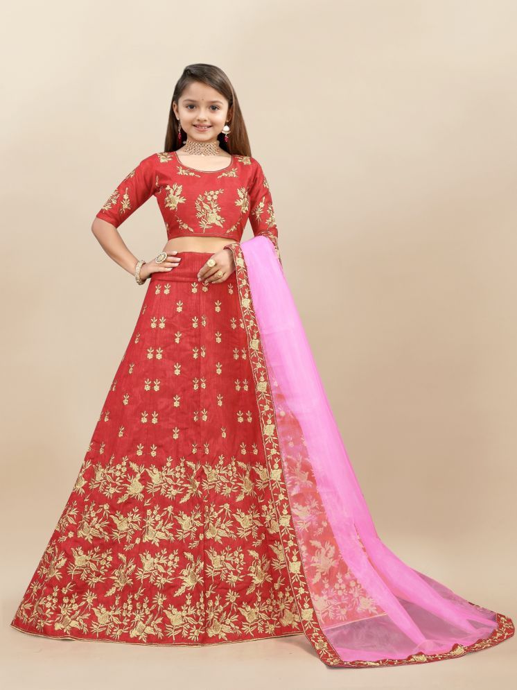     			Lady Shopi Red Silk Girls Lehenga Choli Set ( Pack of 1 )