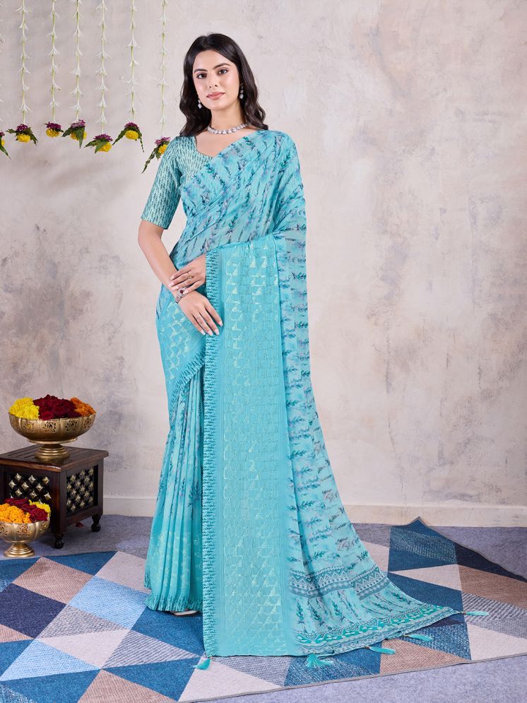     			Rekha Maniyar Chiffon Printed Saree With Blouse Piece - Teal ( Pack of 1 )