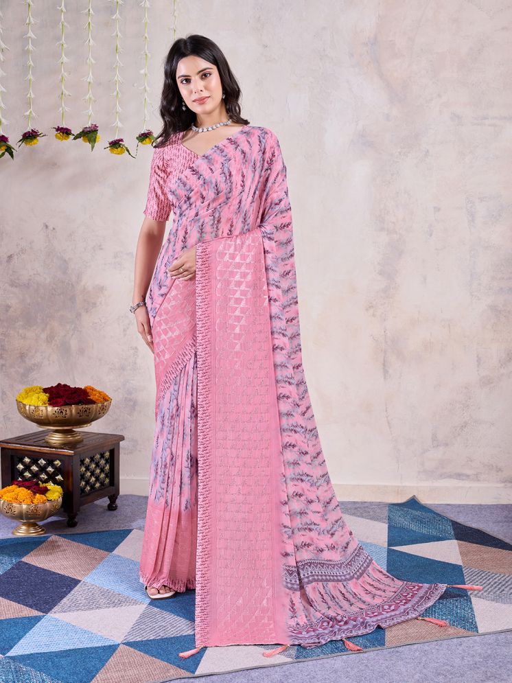     			Rekha Maniyar Chiffon Printed Saree With Blouse Piece - Pink ( Pack of 1 )