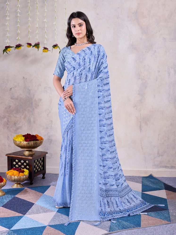     			Rekha Maniyar Chiffon Printed Saree With Blouse Piece - Blue ( Pack of 1 )