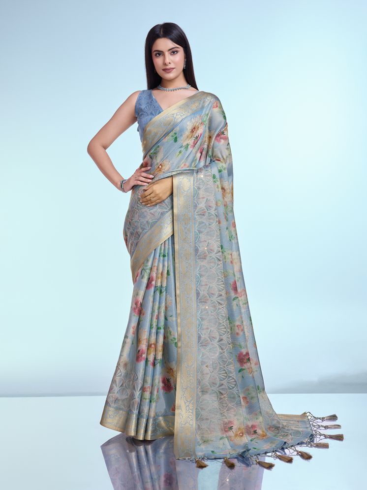     			Rekha Maniyar Silk Blend Printed Saree With Blouse Piece - SkyBlue ( Pack of 1 )