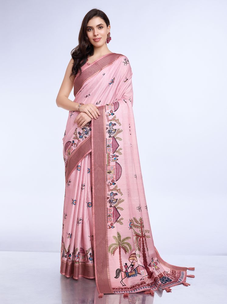     			Rekha Maniyar Silk Printed Saree With Blouse Piece - Pink ( Pack of 1 )