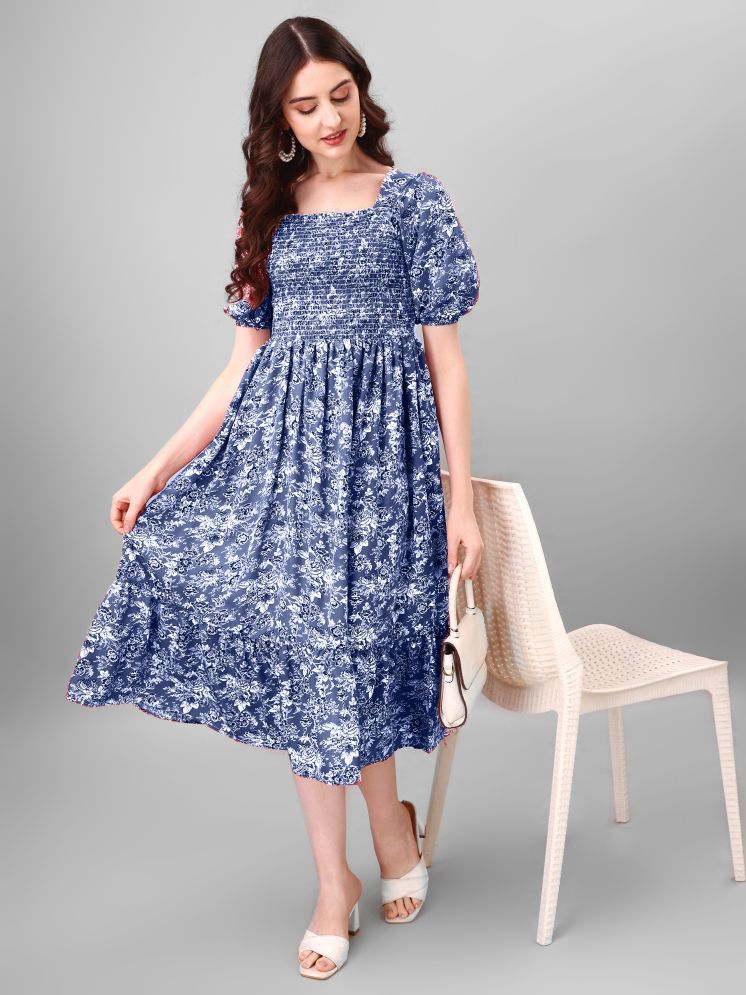     			Femvy Polyester Printed Midi Women's Fit & Flare Dress - Blue ( Pack of 1 )