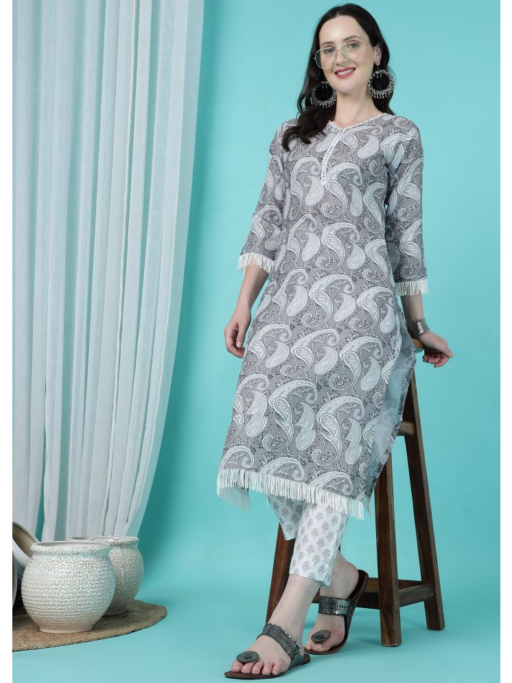     			Tabahi Cotton Blend Printed Kurti With Pants Women's Stitched Salwar Suit - Grey ( Pack of 1 )