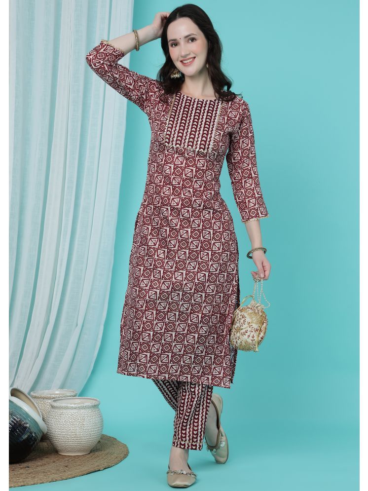     			Tabahi Cotton Blend Printed Kurti With Pants Women's Stitched Salwar Suit - Maroon ( Pack of 1 )