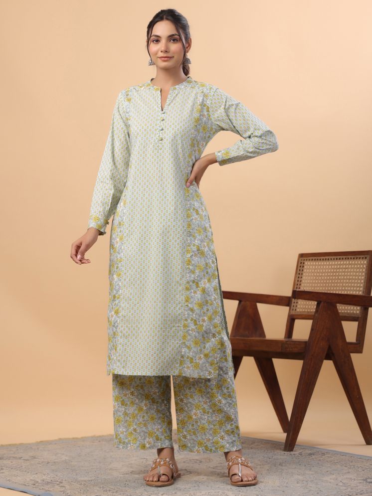     			Janasya Cotton Printed Kurti With Palazzo Women's Stitched Salwar Suit - Light Blue ( Pack of 1 )