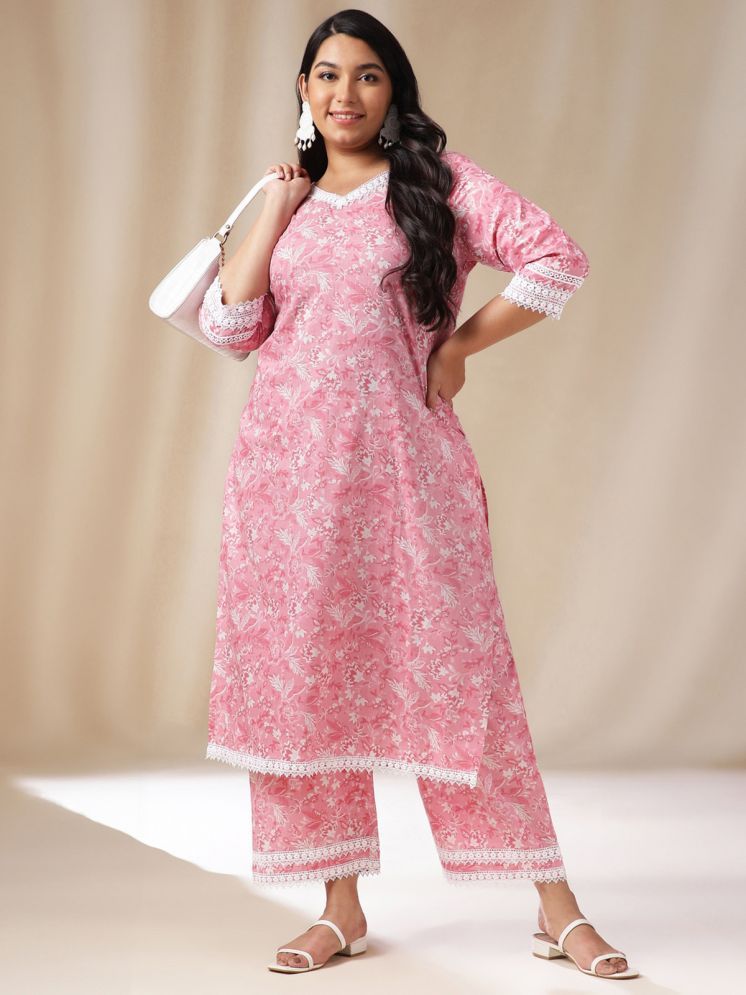     			Janasya Cotton Printed Kurti With Pants Women's Stitched Salwar Suit - Pink ( Pack of 1 )