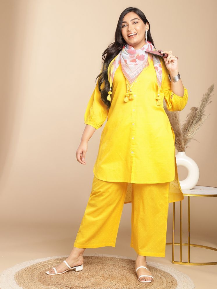     			Janasya Cotton Self Design Kurti With Palazzo Women's Stitched Salwar Suit - Yellow ( Pack of 1 )