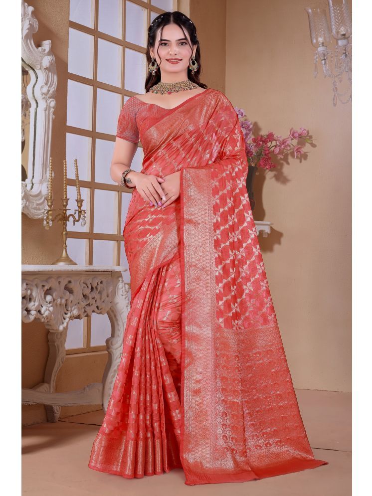     			Raj Vivah Jacquard Woven Saree With Blouse Piece - Pink ( Pack of 1 )