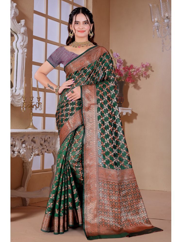     			Raj Vivah Jacquard Woven Saree With Blouse Piece - Fluorescent Green ( Pack of 1 )