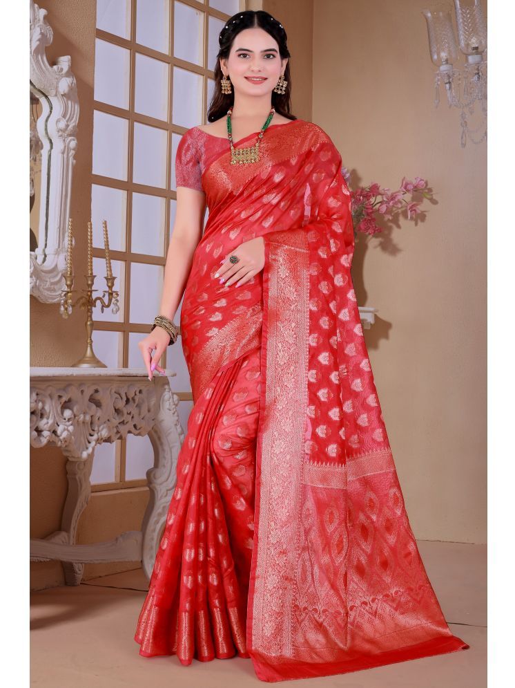     			Raj Vivah Jacquard Woven Saree With Blouse Piece - Red ( Pack of 1 )