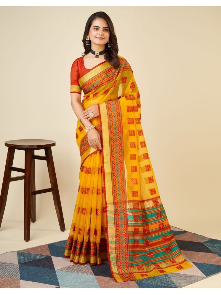     			Samah Silk Printed Saree With Blouse Piece - Yellow ( Pack of 1 )