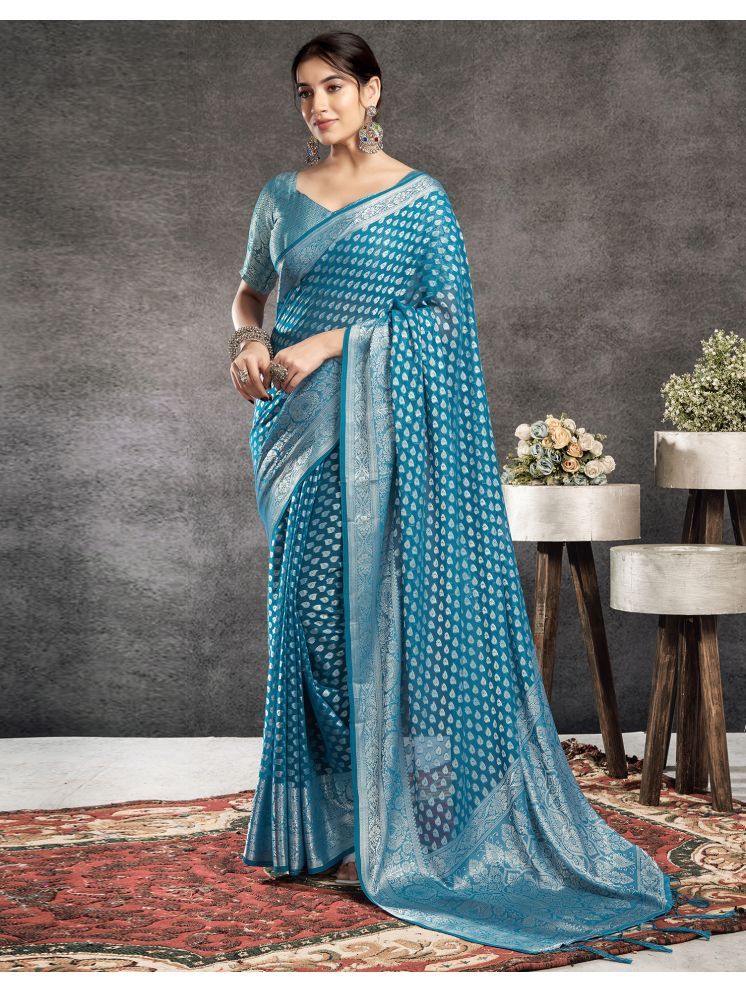     			Satrani Georgette Self Design Saree With Blouse Piece - Teal ( Pack of 1 )