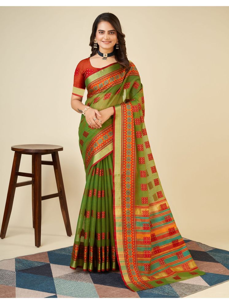     			Satrani Silk Printed Saree With Blouse Piece - Olive ( Pack of 1 )