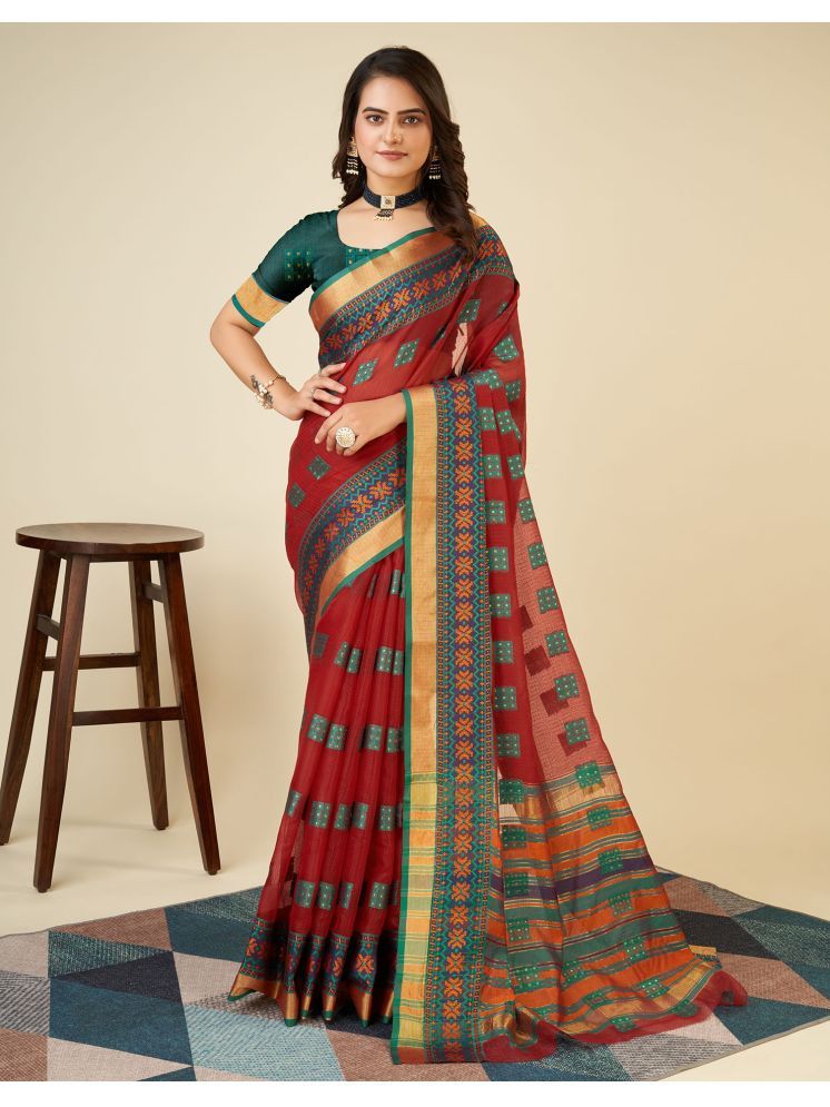     			Satrani Silk Printed Saree With Blouse Piece - Red ( Pack of 1 )