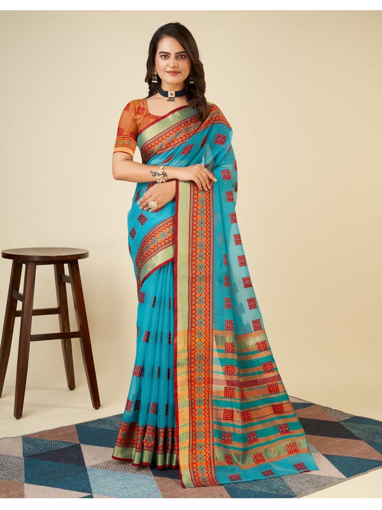     			Satrani Silk Printed Saree With Blouse Piece - SkyBlue ( Pack of 1 )