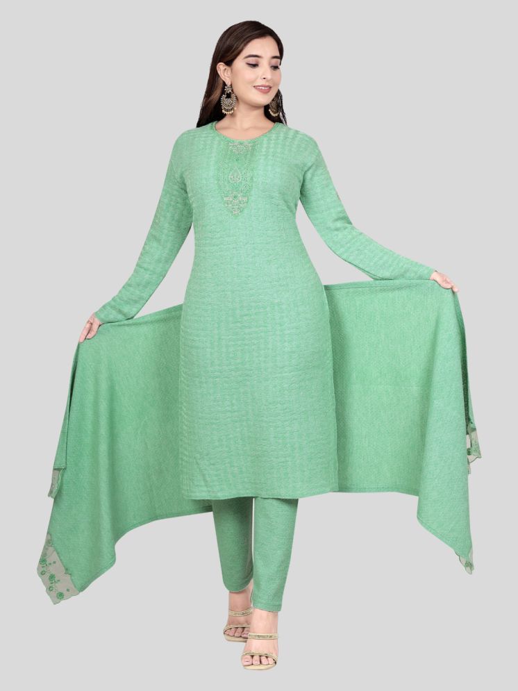     			WOOL'S KART Woollen Self Design Kurti With Palazzo Women's Stitched Salwar Suit - Green ( Pack of 1 )