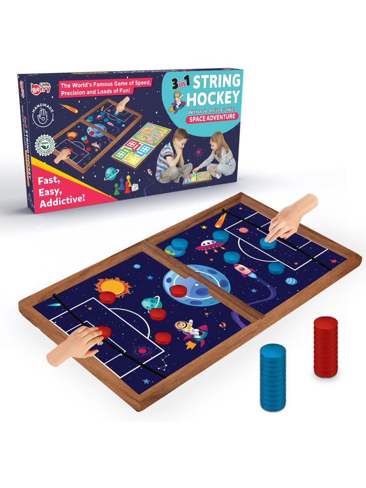     			Little Berry String Hockey Table Board Games for Adults & Kids - Space Adventure Theme | 3 in 1 Wooden Fastest Finger First Indoor Game With Ludo & Snakes Ladder | Sling Puck Board Hockey Toy Big Size