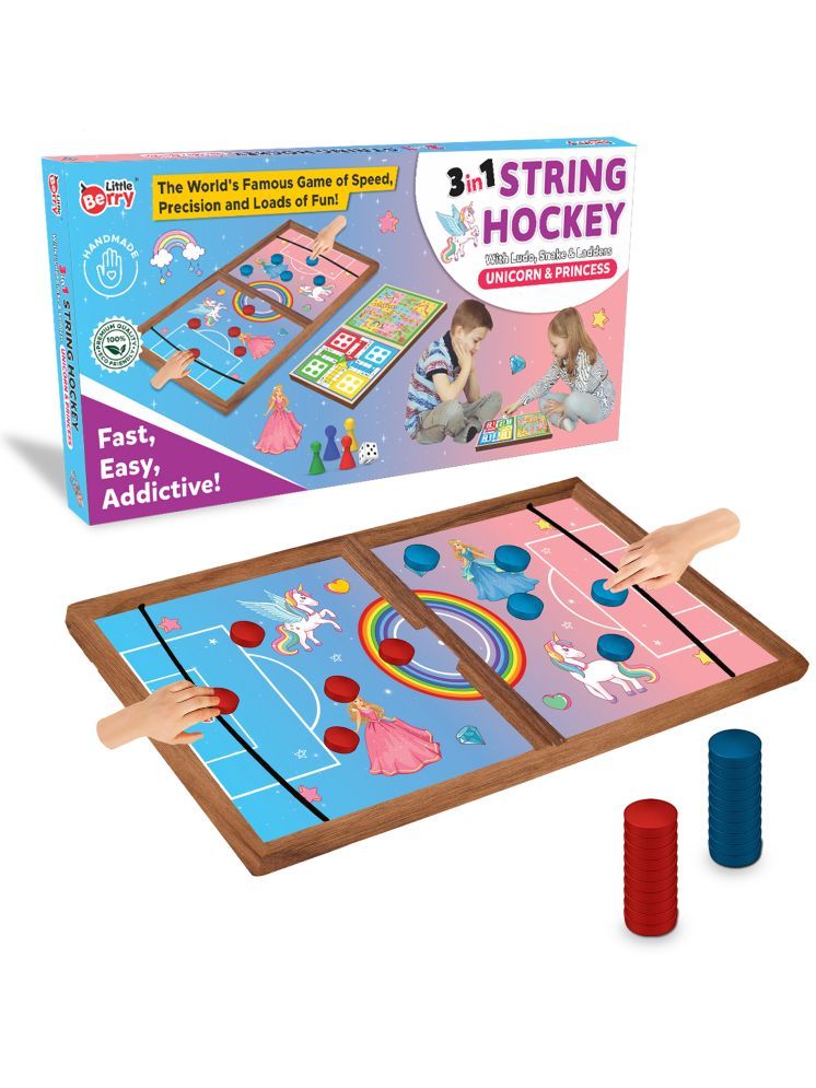     			Little Berry String Hockey Table Board Games for Kids - Unicorn & Princess Theme | 3 in 1 Wooden Fastest Finger First Indoor Game With Ludo & Snakes Ladder | Sling Puck Board Hockey Toy Big Size