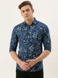 The Indian Garage Co Men Navy Blue & Grey Slim Fit Floral Printed Casual Shirt