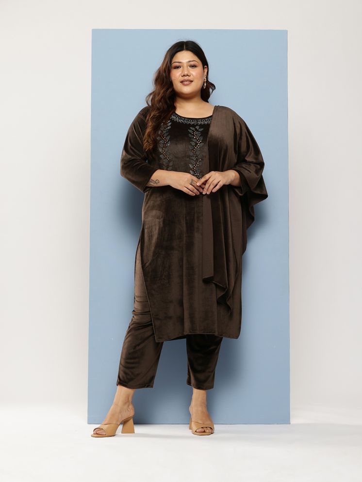     			Aarika Velvet Embellished Kurti With Pants Women's Stitched Salwar Suit - Brown ( Pack of 1 )