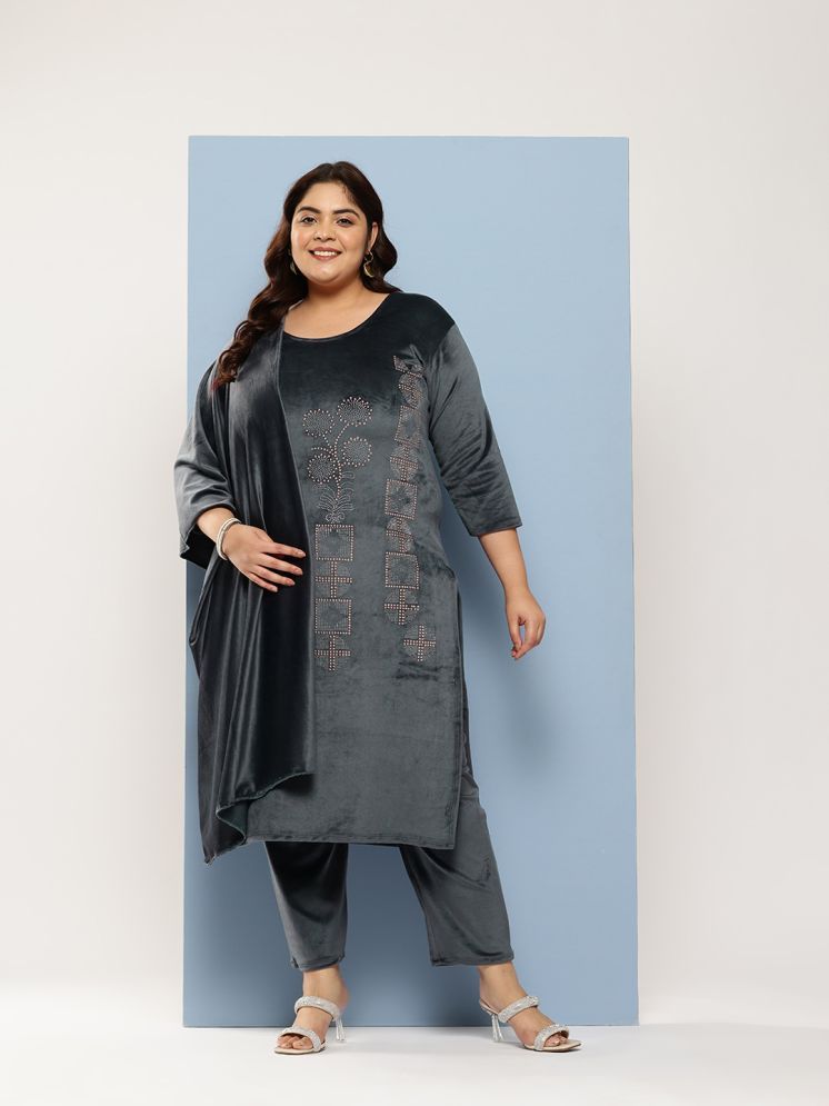     			Aarika Velvet Embellished Kurti With Pants Women's Stitched Salwar Suit - Grey ( Pack of 1 )