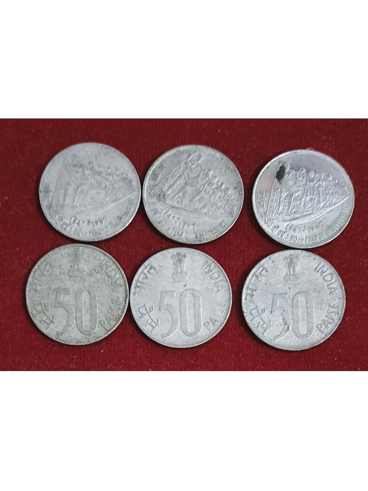     			VERY RARE 50 PAISE 50TH YEAR OF INDEPENDENCE 6 COIN SET IN GOOD CONDITION YEAR 1947- 1997