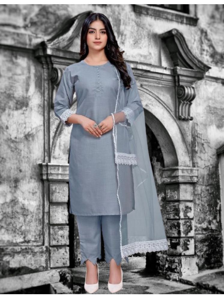     			bipinenterprise Pack of 1 Cotton Blend Solid Straight Women's Kurti with Dupatta - ( Grey )