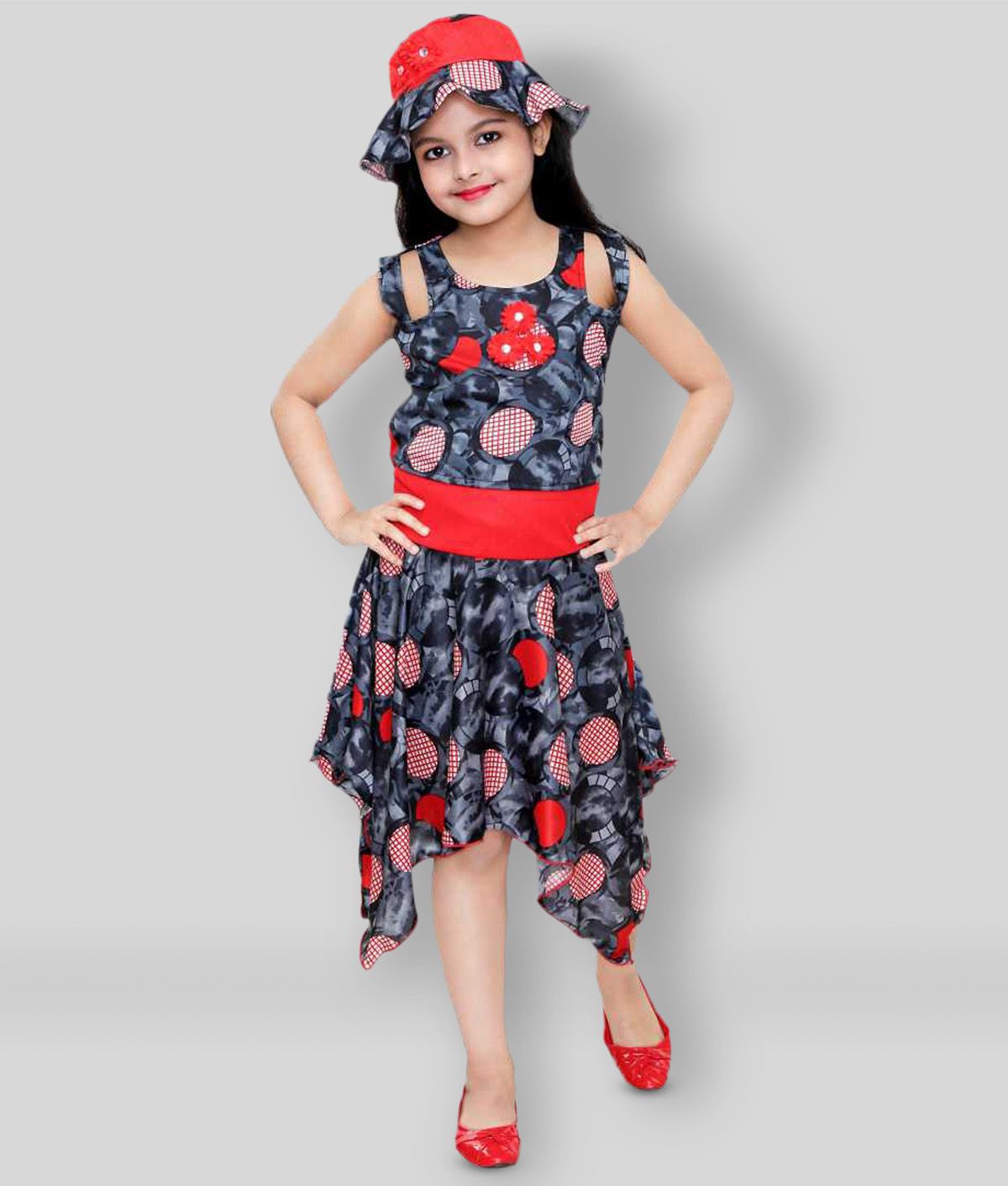     			Digimart - Red Cotton Blend Girl's Asymmetric Dress ( Pack of 1 )