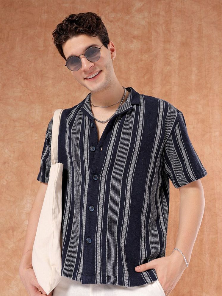     			The Indian Garage Co Striped Cuban Collar Pure Cotton Oversized Casual Shirt