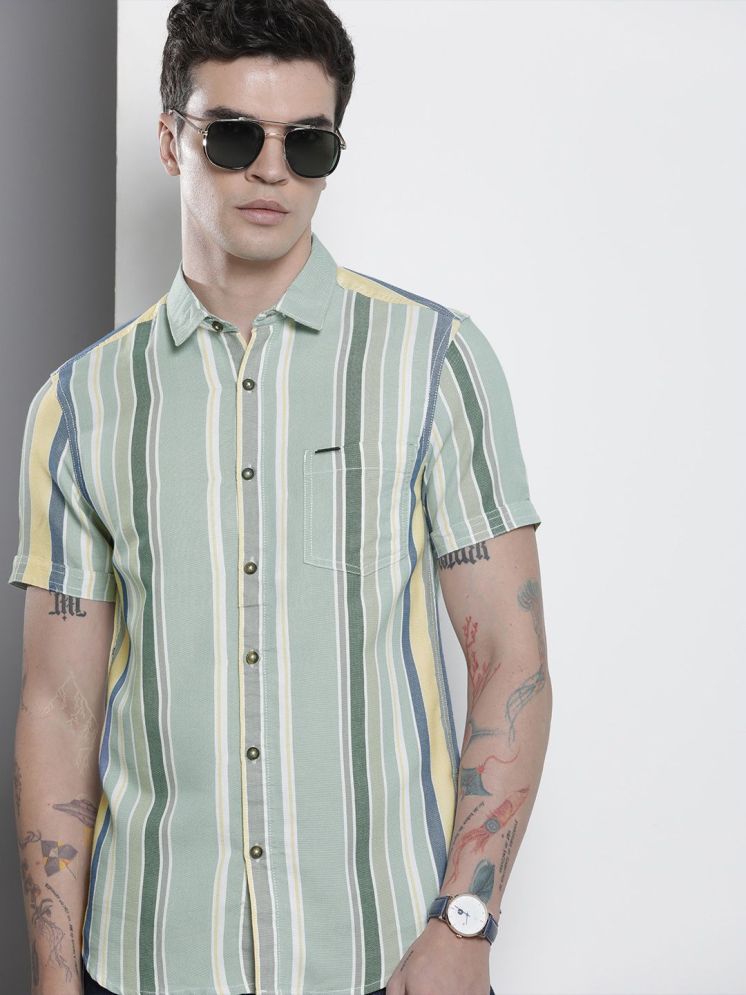     			The Indian Garage Co. Cotton Blend Slim Fit Striped Half Sleeves Men's Casual Shirt - Green ( Pack of 1 )