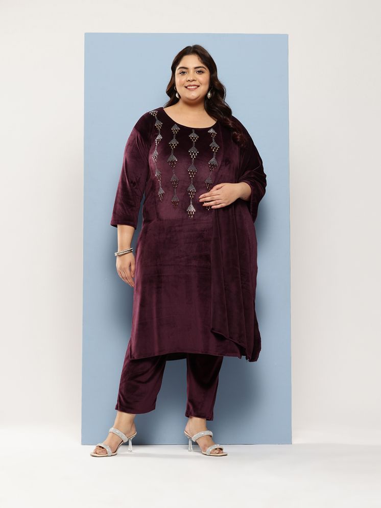     			Aarika Velvet Embellished Kurti With Pants Women's Stitched Salwar Suit - Wine ( Pack of 1 )