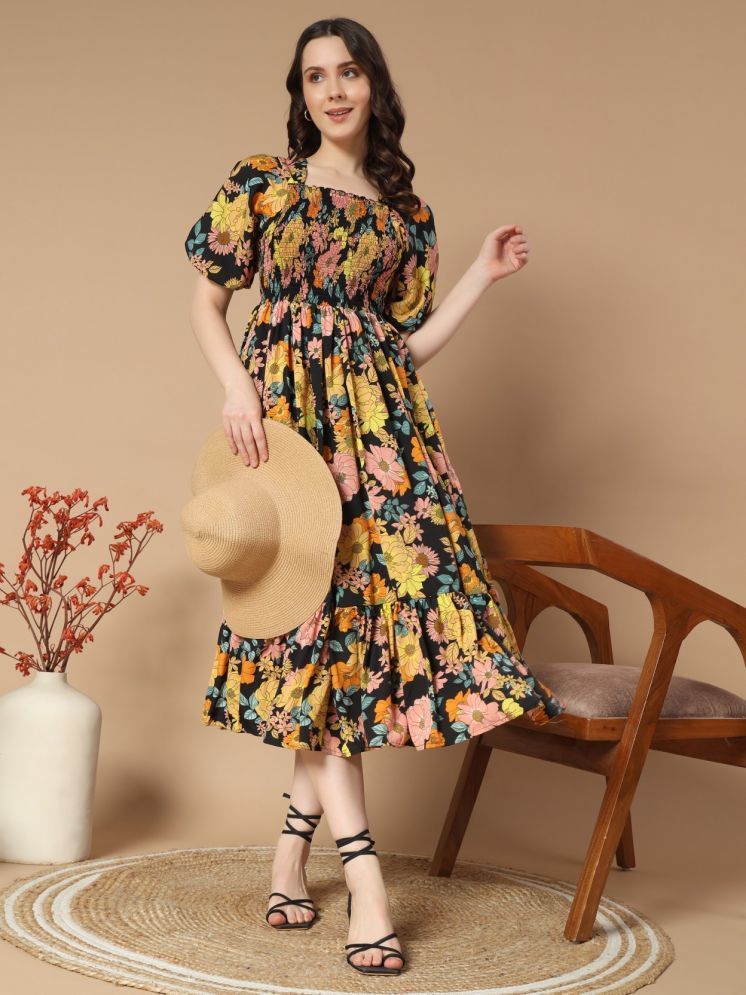     			Femvy Polyester Printed Midi Women's Fit & Flare Dress - Yellow ( Pack of 1 )