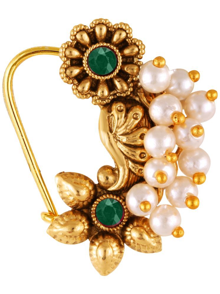     			Vighnaharta Gold Plated Green Pearls (Moti ) with Artificial stone Alloy Maharashtrian Cultural Nath Nathiya./ Nose Pin for women[VFJ1286NTH-TAR-GREEN]