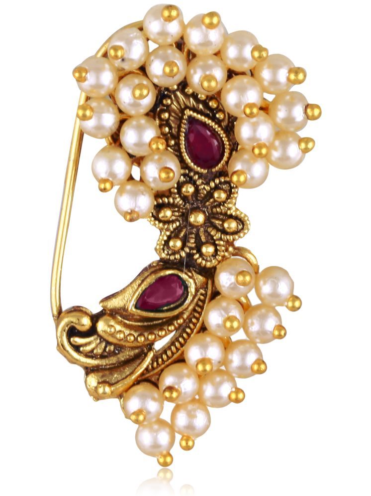     			Vighnaharta Gold Plated Red Pearls (Moti ) mayur Pankh Peacock Alloy Maharashtrian Cultural Nath Nathiya./ Nose Pin for women[VFJ1289NTH-PRESS-RED]