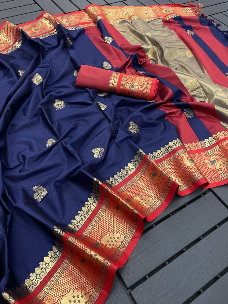     			VEERAIVA Pack of 1 Cotton Silk Self Design Saree With Blouse Piece ( Navy Blue )