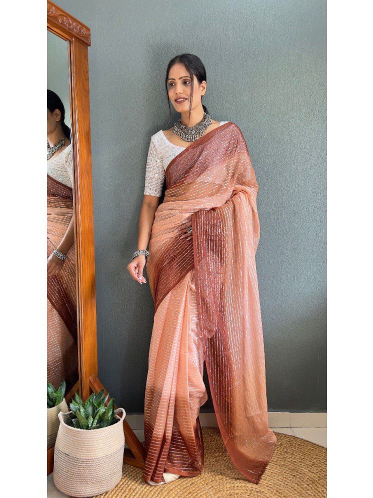     			Aika Chiffon Striped Saree With Blouse Piece - Peach ( Pack of 1 )