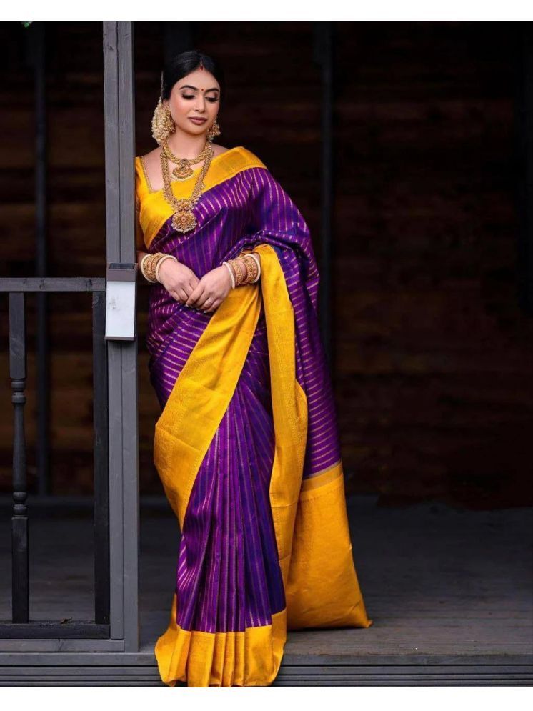     			Apnisha Banarasi Silk Striped Saree With Blouse Piece - Purple ( Pack of 1 )