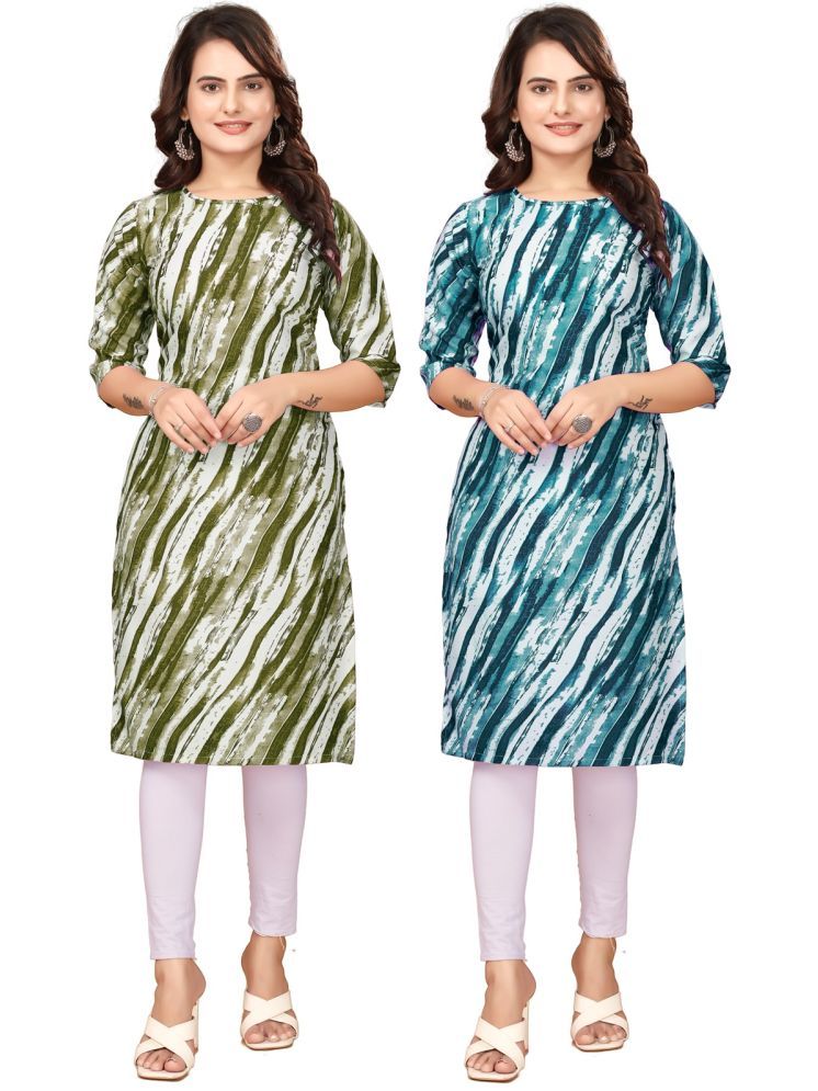     			Fashion Fair Crepe Printed Straight Women's Kurti - Green,Navy Blue ( Pack of 2 )