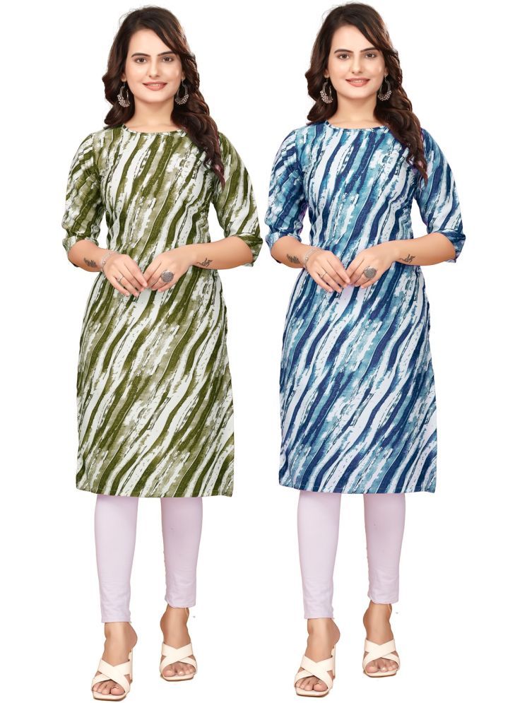     			Fashion Fair Crepe Printed Straight Women's Kurti - Green,Blue ( Pack of 2 )