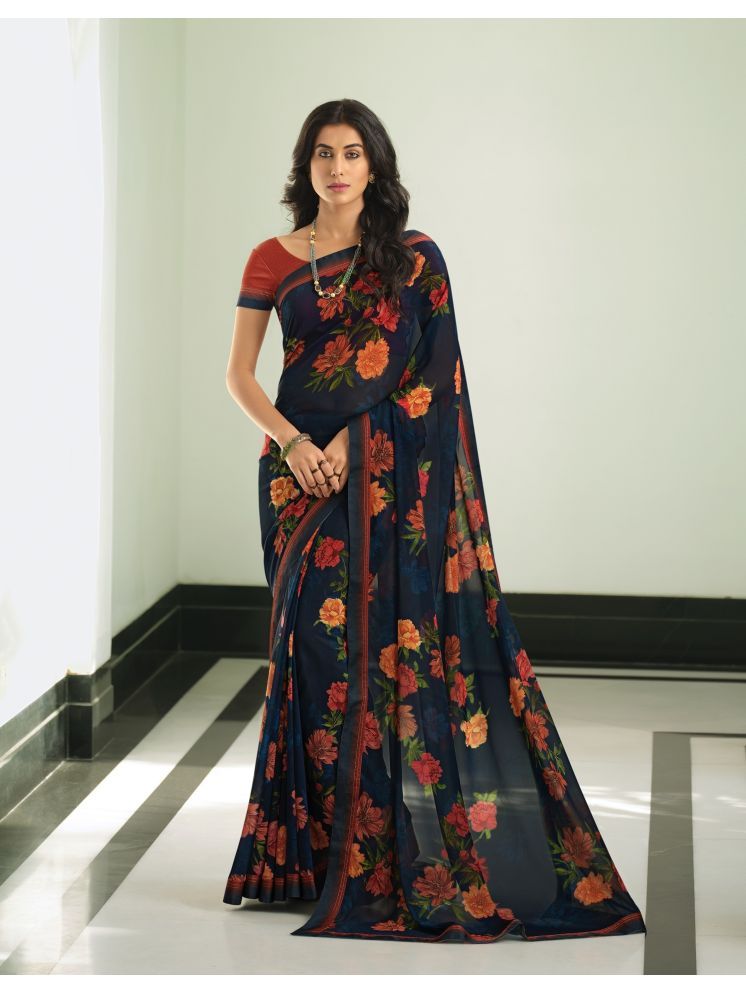     			Gazal Fashions Georgette Printed Saree With Blouse Piece - Navy Blue ( Pack of 1 )