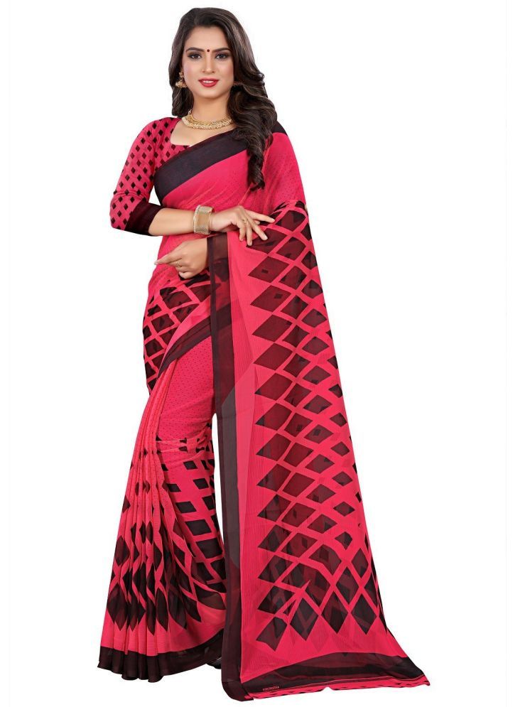     			INDIAN SILKS Georgette Printed Saree Without Blouse Piece - Pink ( Pack of 1 )