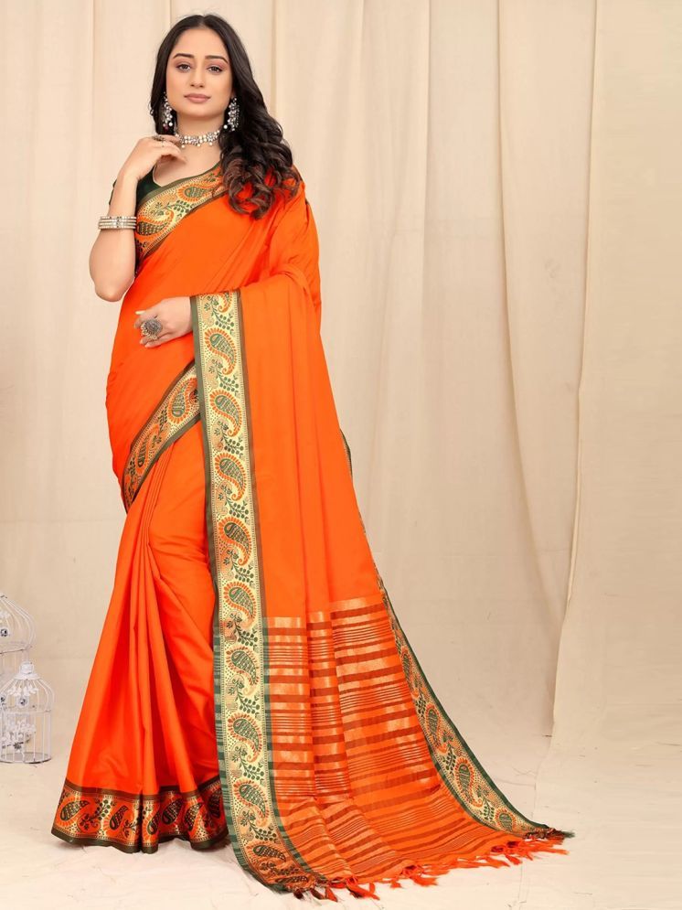     			Lady Shopi Silk Embellished Saree With Blouse Piece - Orange ( Pack of 1 )