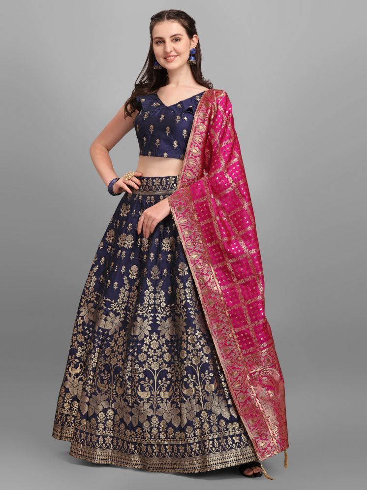     			PURVAJA Navy Cotton Blend Chaniya Choli Semi Stitched Lehenga Single