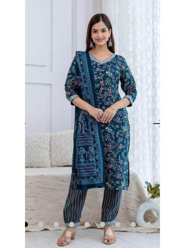     			S & D Attire Cotton Printed Kurti With Pants Women's Stitched Salwar Suit - Blue ( Pack of 1 )