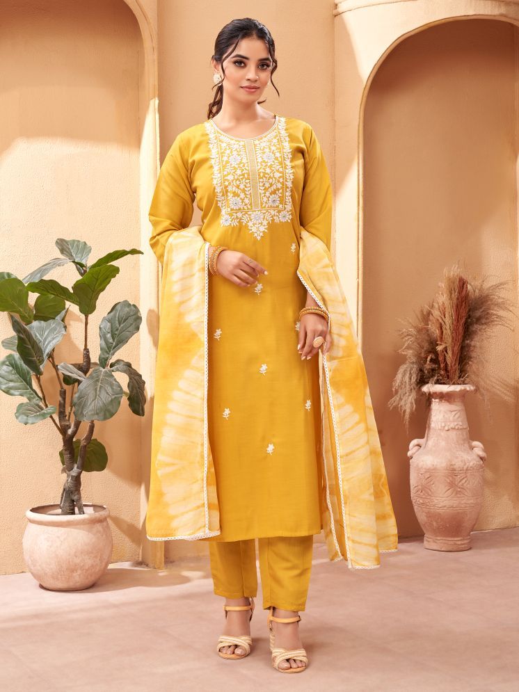     			SAREEKART FAB Chanderi Embroidered Kurti With Pants Women's Stitched Salwar Suit - Yellow ( Pack of 1 )