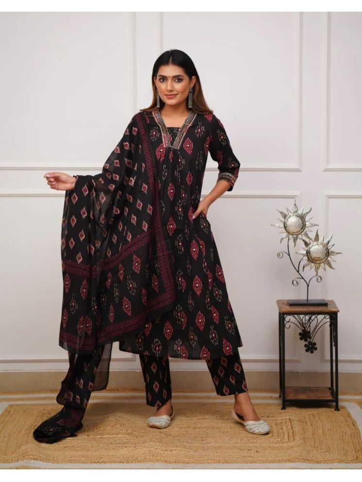     			SAREEKART FAB Cotton Blend Printed Kurti With Pants Women's Stitched Salwar Suit - Black ( Pack of 1 )