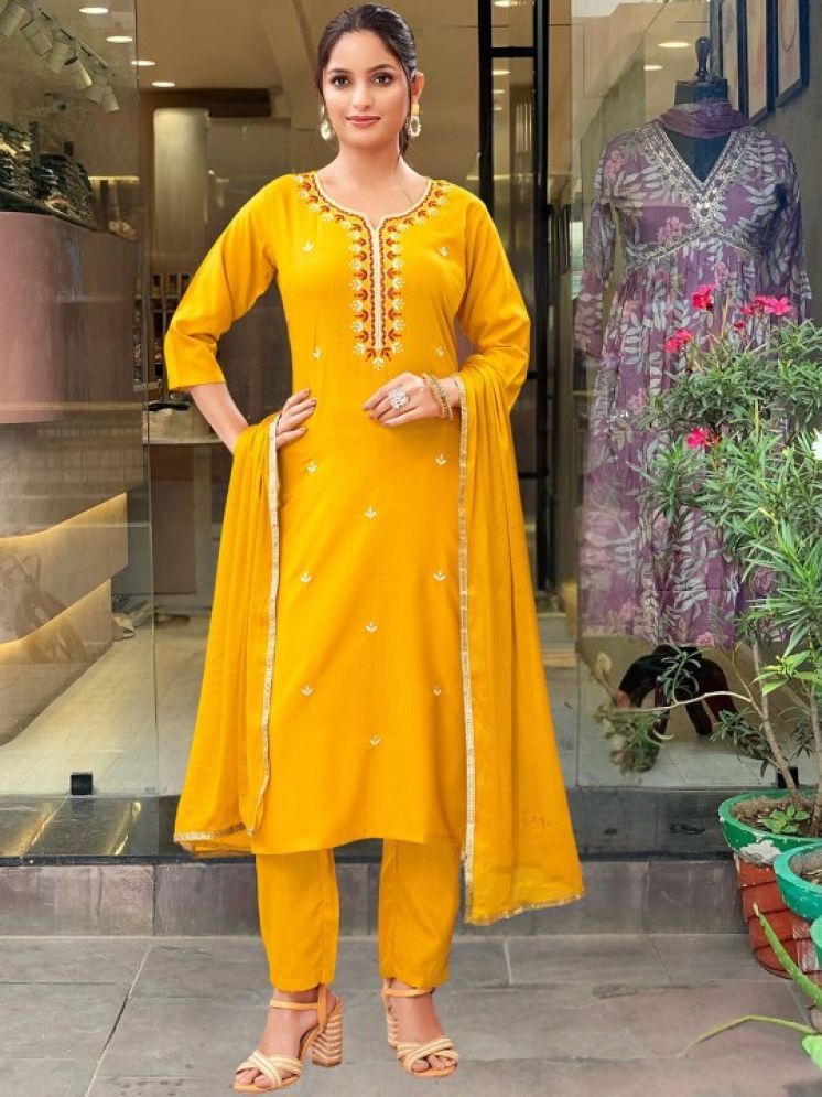     			SAREEKART FAB Rayon Embroidered Kurti With Pants Women's Stitched Salwar Suit - Yellow ( Pack of 1 )