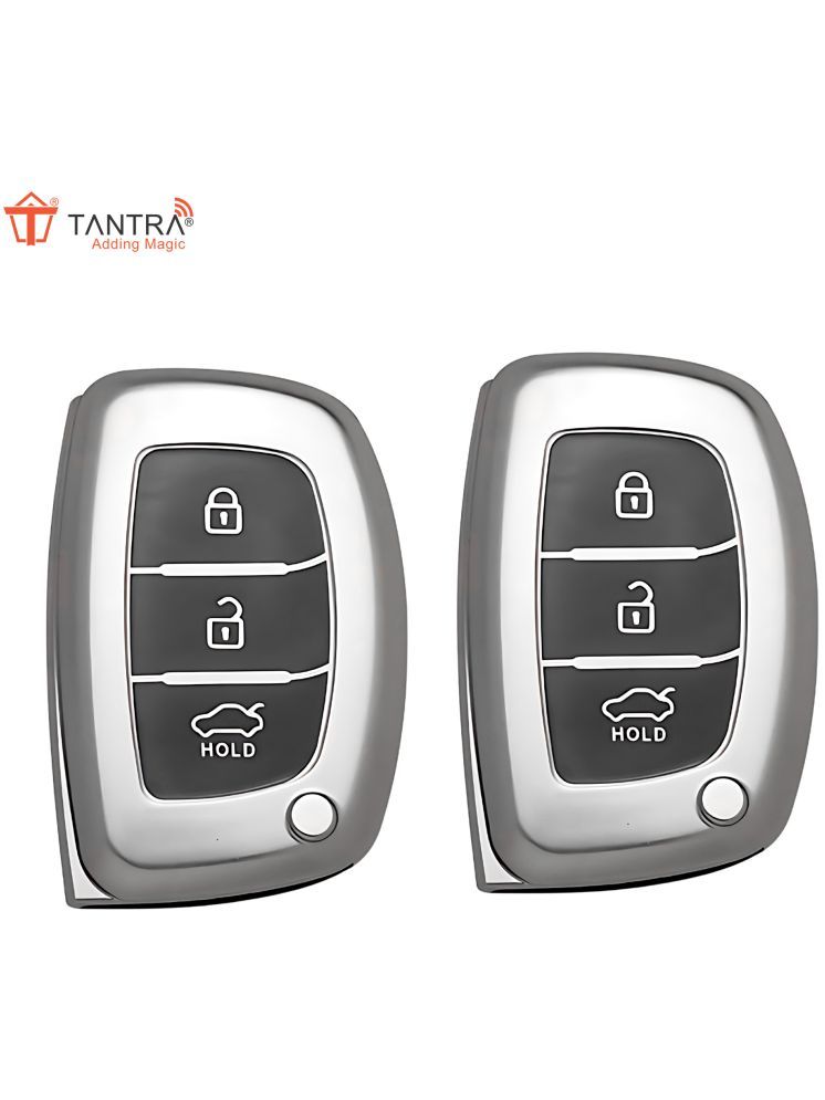     			TANTRA TPU Key Cover and Metal Keychain Compatible for Hyundai Aura Elantra I.10 Grand Nios I.20 Elite Verna 4S Creta I.10 Grand I.20 Activa Tucson Xcent 3 Button Smart Key (Grey Pack of 2)