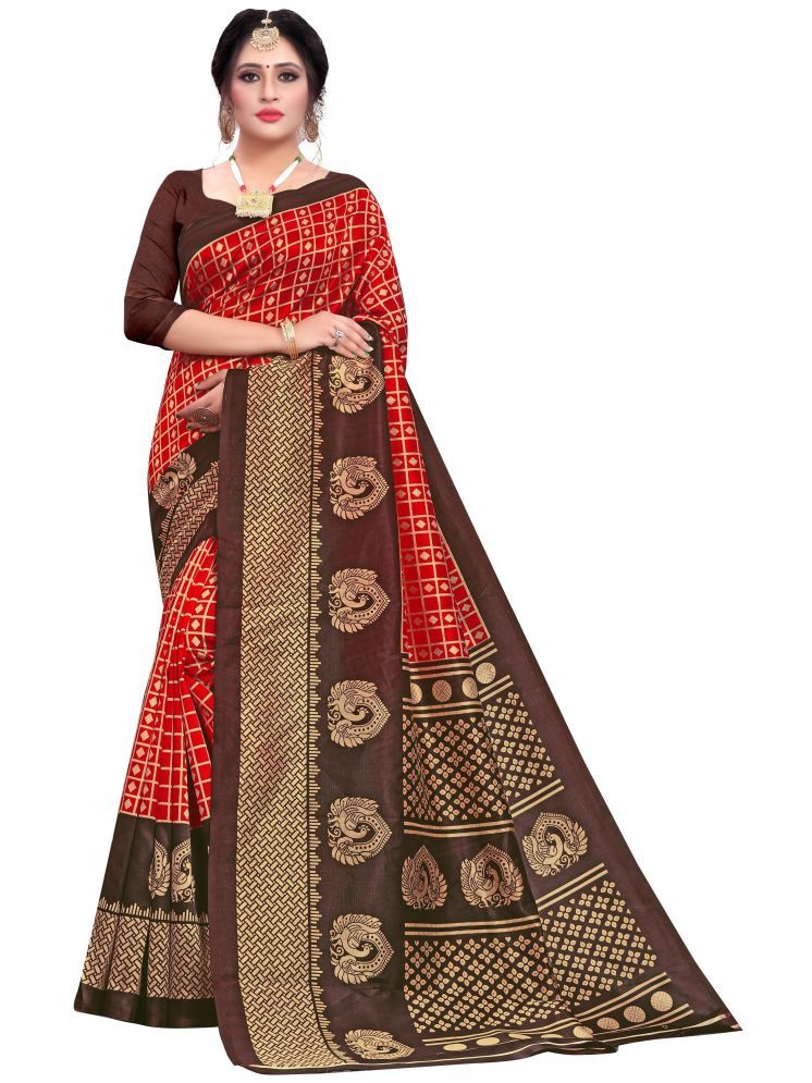     			THE PRIVATE LABLE Art Silk Printed Saree Without Blouse Piece - Red ( Pack of 1 )